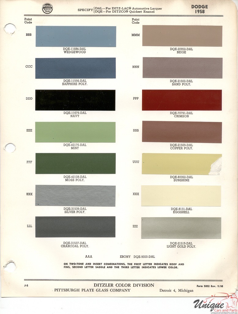 1958 Dodge Paint Charts PPG 1